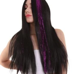 HPO Womens Long Black Wig With Purple Tinsel Streaks | Halloween Rave Wig | Premium Breathable Capless Cap 15 HPO Womens Long Black Wig With Purple Tinsel Streaks | Halloween Rave Wig | Premium Breathable Capless Cap
