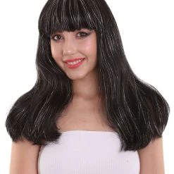 HPO Womens Long Black 90's Bob With Silver Tinsel Highlights | Halloween Rave Wig | Premium Breathable Capless Cap