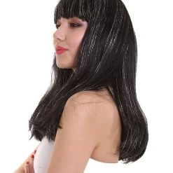 HPO Womens Long Black 90's Bob With Silver Tinsel Highlights | Halloween Rave Wig | Premium Breathable Capless Cap