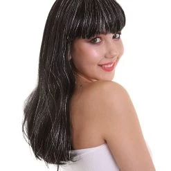 HPO Womens Long Black 90's Bob With Silver Tinsel Highlights | Halloween Rave Wig | Premium Breathable Capless Cap