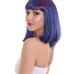 FLAGWIGS Bright Blue Bob With Blue Tinsel | Sparkly Celebrity Halloween Wig | Premium Capless Cap Women's