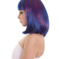 FLAGWIGS Bright Blue Bob With Blue Tinsel | Sparkly Celebrity Halloween Wig | Premium Capless Cap Women's