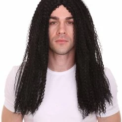 HPO Rock Curly Mens Wig | Black Long Cosplay Halloween Wig | Premium Breathable Capless Cap