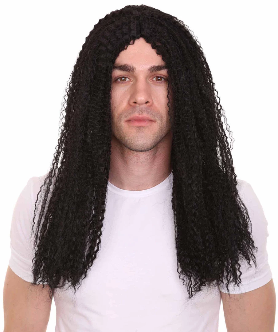 HPO Rock Curly Mens Wig | Black Long Cosplay Halloween Wig | Premium Breathable Capless Cap 1 HPO Rock Curly Mens Wig | Black Long Cosplay Halloween Wig | Premium Breathable Capless Cap