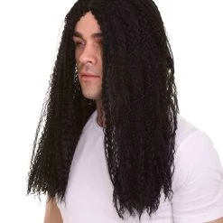 HPO Rock Curly Mens Wig | Black Long Cosplay Halloween Wig | Premium Breathable Capless Cap