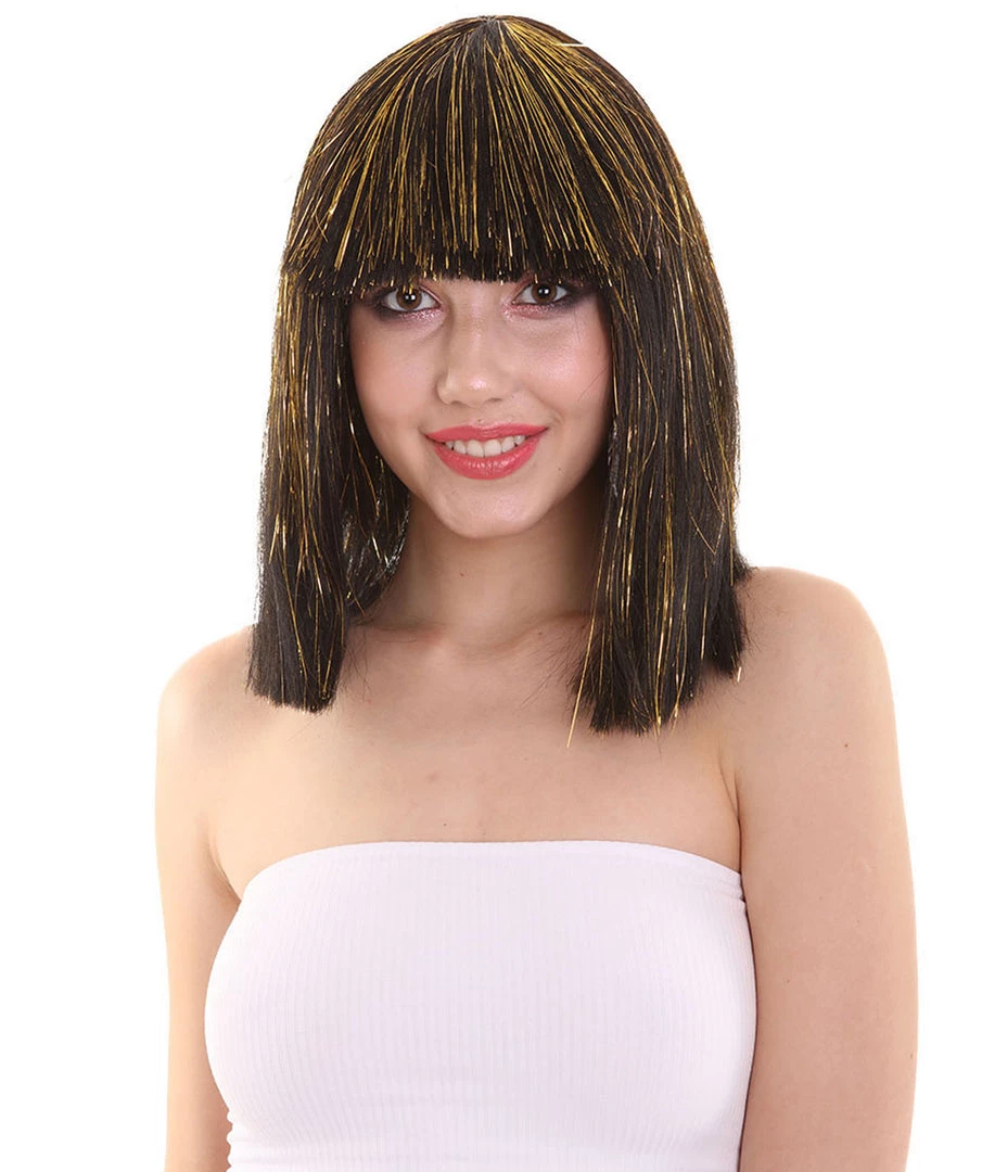HPO Women's Cleopatra Bob With Gold Tinsel Highlights | Halloween Rave Wig 1 HPO Women's Cleopatra Bob With Gold Tinsel Highlights | Halloween Rave Wig
