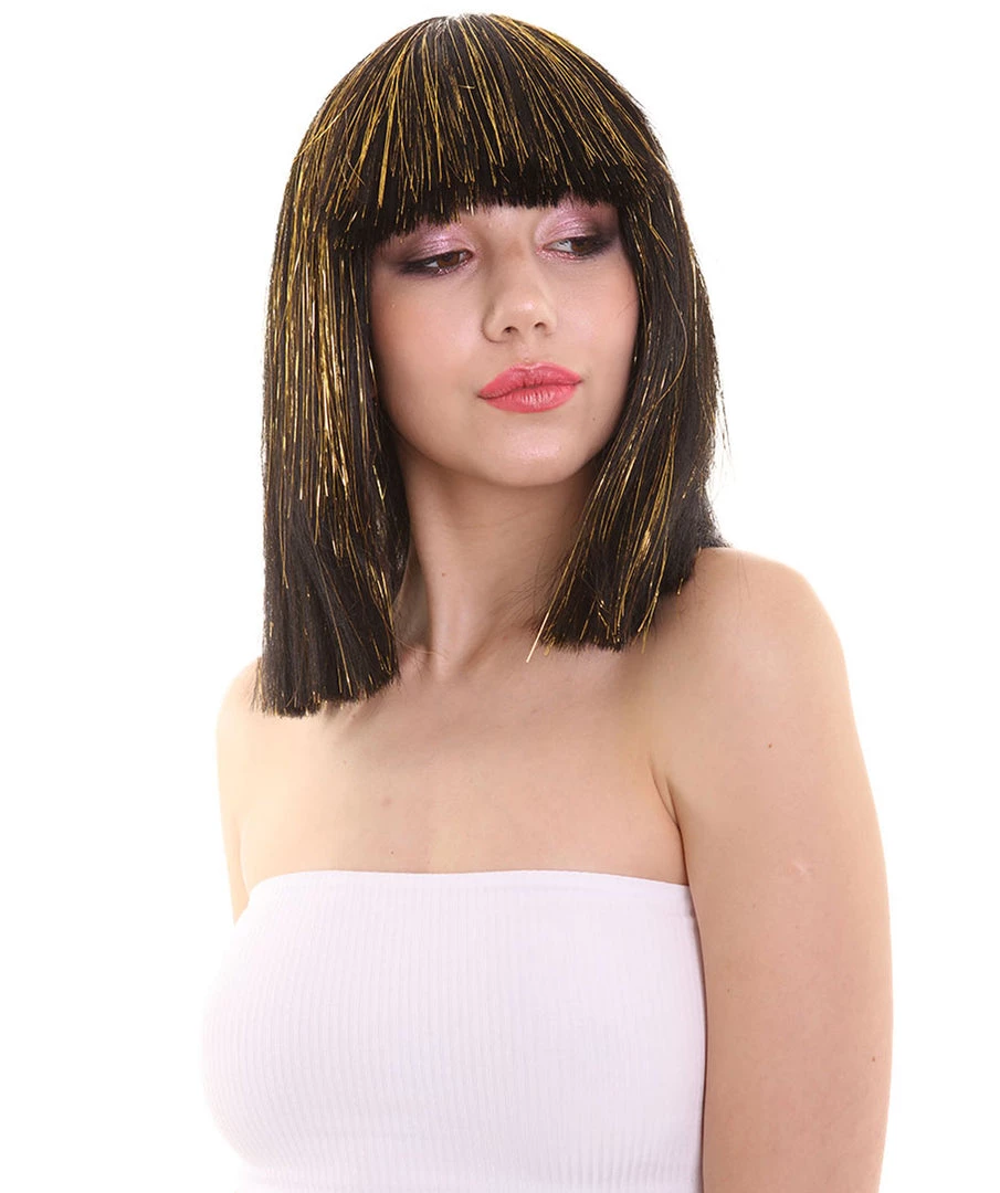 HPO Women's Cleopatra Bob With Gold Tinsel Highlights | Halloween Rave Wig 6 HPO Women's Cleopatra Bob With Gold Tinsel Highlights | Halloween Rave Wig