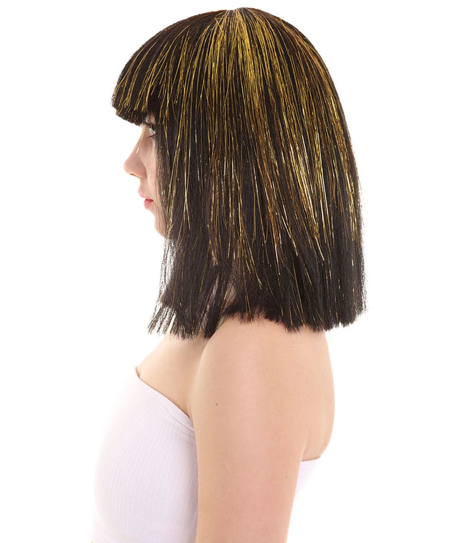 HPO Women's Cleopatra Bob With Gold Tinsel Highlights | Halloween Rave Wig 3 HPO Women's Cleopatra Bob With Gold Tinsel Highlights | Halloween Rave Wig