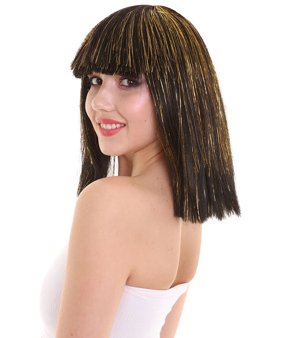 HPO Women's Cleopatra Bob With Gold Tinsel Highlights | Halloween Rave Wig 2 HPO Women's Cleopatra Bob With Gold Tinsel Highlights | Halloween Rave Wig