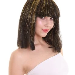 HPO Women's Cleopatra Bob With Gold Tinsel Highlights | Halloween Rave Wig 13 HPO Women's Cleopatra Bob With Gold Tinsel Highlights | Halloween Rave Wig