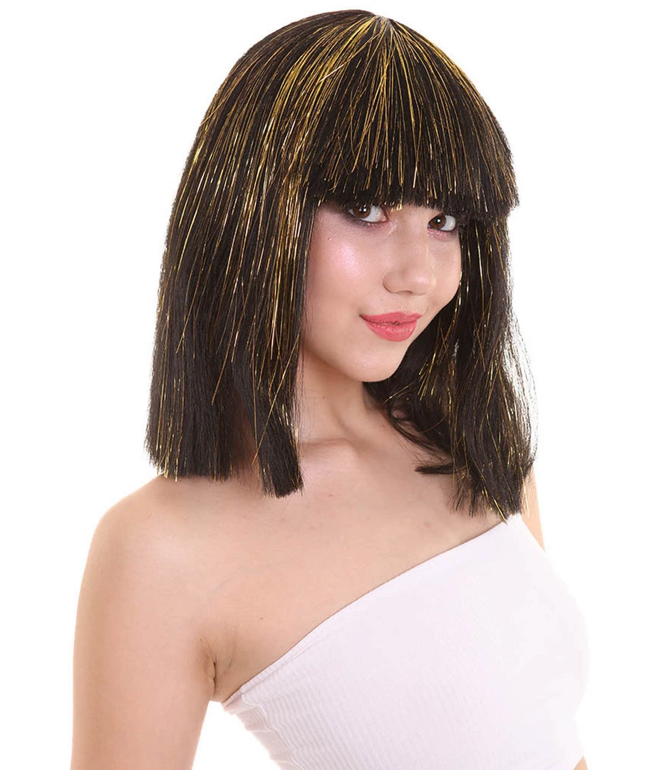 HPO Women's Cleopatra Bob With Gold Tinsel Highlights | Halloween Rave Wig 5 HPO Women's Cleopatra Bob With Gold Tinsel Highlights | Halloween Rave Wig