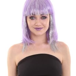 HPO Women's Long Violet 90's Bob With Silver Tinsel Highlights | Halloween Rave Wig | Premium Breathable Capless Cap