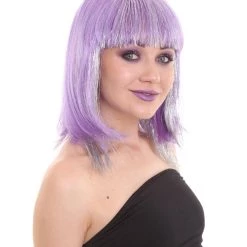 HPO Women's Long Violet 90's Bob With Silver Tinsel Highlights | Halloween Rave Wig | Premium Breathable Capless Cap