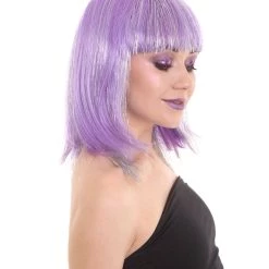 HPO Women's Long Violet 90's Bob With Silver Tinsel Highlights | Halloween Rave Wig | Premium Breathable Capless Cap