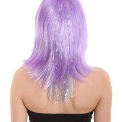 HPO Women's Long Violet 90's Bob With Silver Tinsel Highlights | Halloween Rave Wig | Premium Breathable Capless Cap