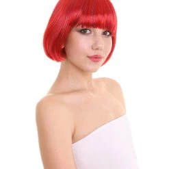 FLAGWIGS Bright Red Bob With Tinsel | Sparkly Celebrity Halloween Wig | Premium Breathable Capless Cap