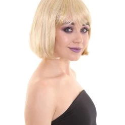 HPO Womens Gold Blonde Bob With Tinsel | Sparkly Celebrity Halloween Wig | Premium Breathable Capless Cap