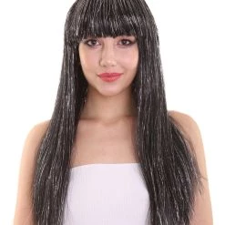 HPO Womens Long Baby Black Wig With Tinsel Highlights | Halloween Rave Wig | Premium Breathable Capless Cap