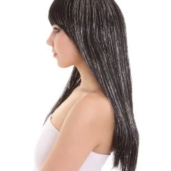 HPO Womens Long Baby Black Wig With Tinsel Highlights | Halloween Rave Wig | Premium Breathable Capless Cap