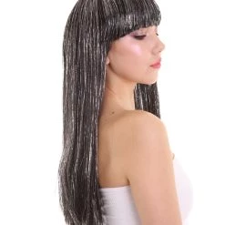 HPO Womens Long Baby Black Wig With Tinsel Highlights | Halloween Rave Wig | Premium Breathable Capless Cap