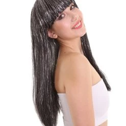 HPO Womens Long Baby Black Wig With Tinsel Highlights | Halloween Rave Wig | Premium Breathable Capless Cap