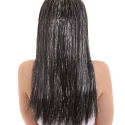 HPO Womens Long Baby Black Wig With Tinsel Highlights | Halloween Rave Wig | Premium Breathable Capless Cap
