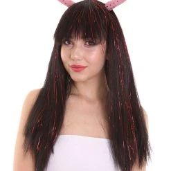 HPO Womens Long Red Tinsel Devil With Black Base And Horns | Halloween Rave Wig | Premium Breathable Capless Cap