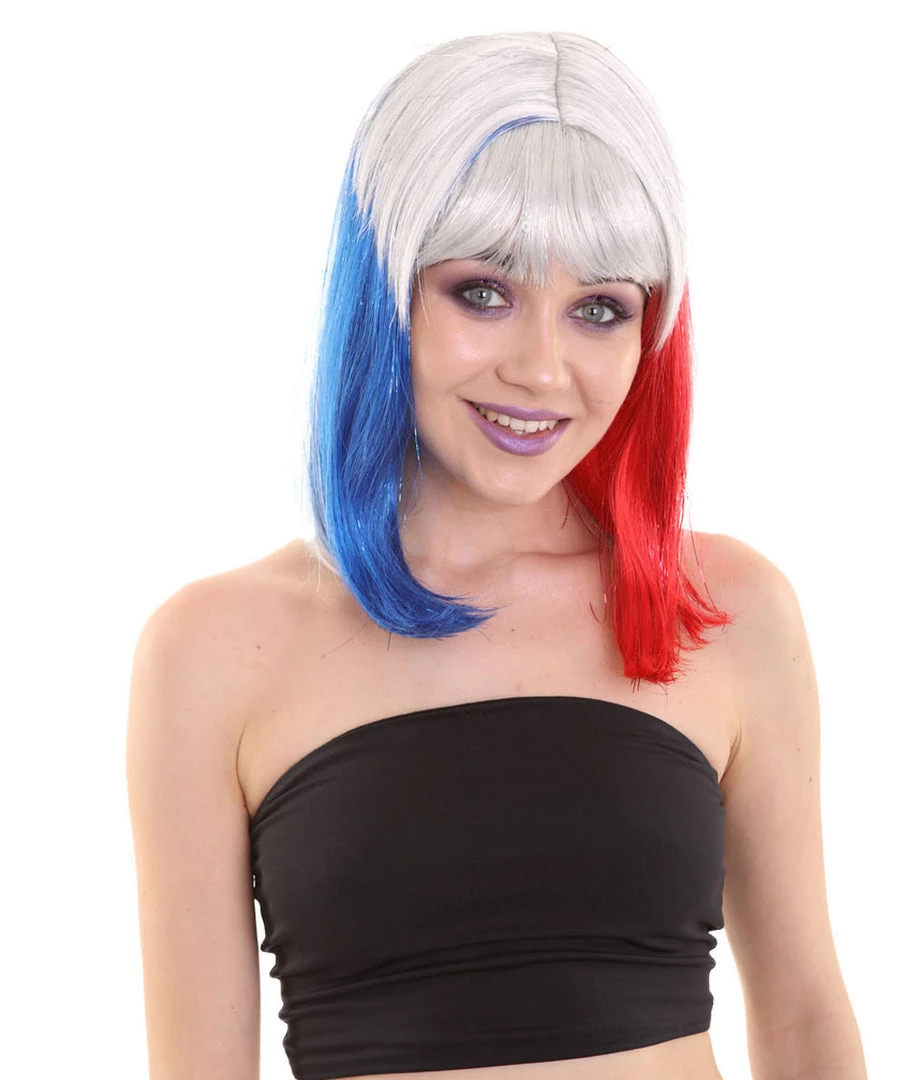 FLAGWIGS Red White And Blue Bob With Tinsel | Sparkly Celebrity Halloween Wig | Premium Capless Cap 1 FLAGWIGS Red White And Blue Bob With Tinsel | Sparkly Celebrity Halloween Wig | Premium Capless Cap