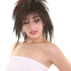 HPO Womens Black Rave Mullet With Gold Iridescent Tinsel Highlights | Halloween Rave Wig | Premium Breathable Capless Cap