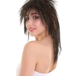 HPO Womens Black Rave Mullet With Gold Iridescent Tinsel Highlights | Halloween Rave Wig | Premium Breathable Capless Cap