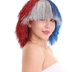 FLAGWIGS Women's Red Silver And Blue All Tinsel Bob | Sparkly Celebrity Halloween Wig | Premium Capless Cap