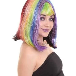 PRYZM Women's Rainbow Tinsel Bob With Bangs | Rave Wig | Premium Breathable Capless Cap
