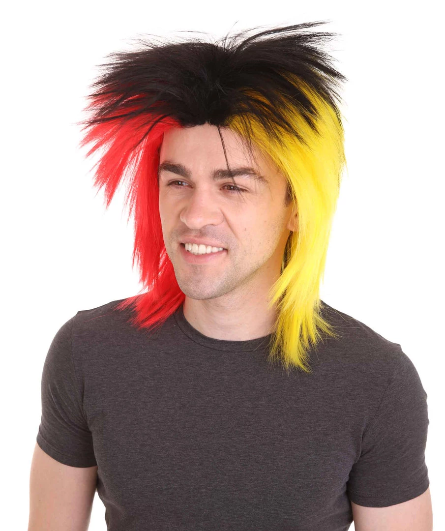 HPO Sport Party Mens Mullet Wig | Red Yellow Black Wig | Premium Breathable Capless Cap Men's 2 HPO Sport Party Mens Mullet Wig | Red Yellow Black Wig | Premium Breathable Capless Cap Men's
