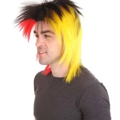 HPO Sport Party Mens Mullet Wig | Red Yellow Black Wig | Premium Breathable Capless Cap Men's 12 HPO Sport Party Mens Mullet Wig | Red Yellow Black Wig | Premium Breathable Capless Cap Men's