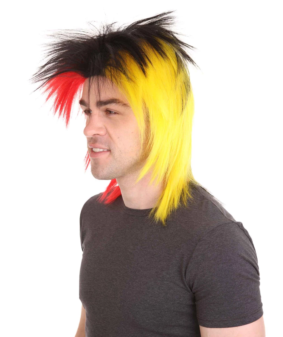 HPO Sport Party Mens Mullet Wig | Red Yellow Black Wig | Premium Breathable Capless Cap Men's 3 HPO Sport Party Mens Mullet Wig | Red Yellow Black Wig | Premium Breathable Capless Cap Men's
