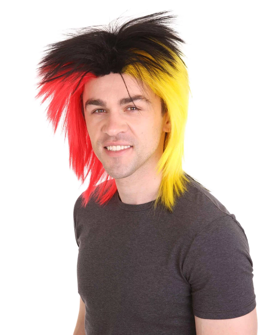 HPO Sport Party Mens Mullet Wig | Red Yellow Black Wig | Premium Breathable Capless Cap Men's 1 HPO Sport Party Mens Mullet Wig | Red Yellow Black Wig | Premium Breathable Capless Cap Men's