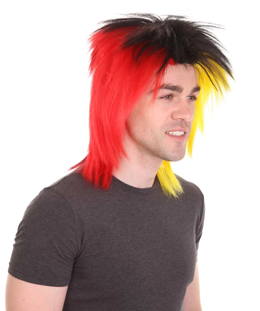 HPO Sport Party Mens Mullet Wig | Red Yellow Black Wig | Premium Breathable Capless Cap Men's 7 HPO Sport Party Mens Mullet Wig | Red Yellow Black Wig | Premium Breathable Capless Cap Men's