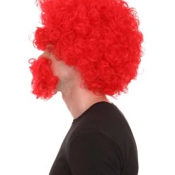 HPO Men's Afro Wig With Eyebrow Full Mustache And Beard Set Red | Halloween Wig