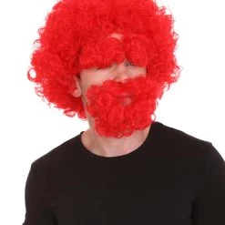 HPO Men's Afro Wig With Eyebrow Full Mustache And Beard Set Red | Halloween Wig