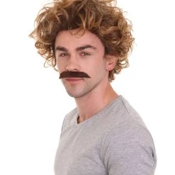 HPO Comedy TV | Mens Pro Wrestler Short Brown Curly Afro Wig And Mustache Men's