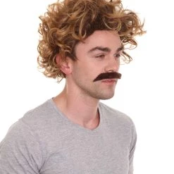 HPO Comedy TV | Mens Pro Wrestler Short Brown Curly Afro Wig And Mustache Men's