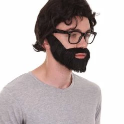 HPO Crime TV | Men's Medium Length Side Part Black Straight Bearded Cosplay Wig With Black Glasses