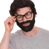 HPO Crime TV | Men's Medium Length Side Part Black Straight Bearded Cosplay Wig With Black Glasses