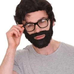 HPO Crime TV | Men's Medium Length Side Part Black Straight Bearded Cosplay Wig With Black Glasses
