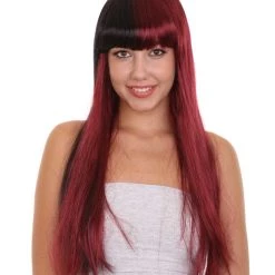 HPO Long Black And Red Womens Wig | Movie Character Cosplay Halloween Wig | Premium Breathable Capless Cap