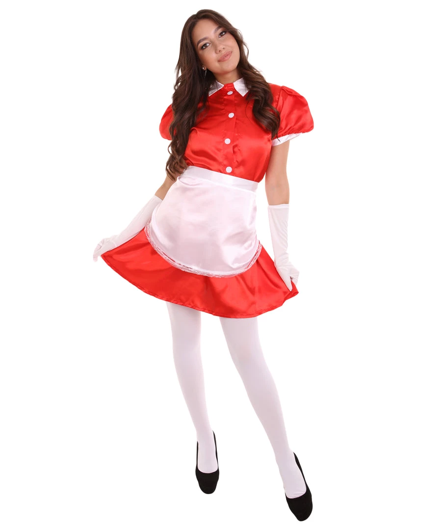 HPO Adult Women's French Apron Maid Uniform Costume | Red Cosplay Costume 1 HPO Adult Women's French Apron Maid Uniform Costume | Red Cosplay Costume