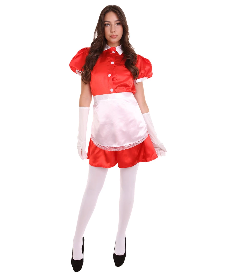 HPO Adult Women's French Apron Maid Uniform Costume | Red Cosplay Costume 2 HPO Adult Women's French Apron Maid Uniform Costume | Red Cosplay Costume