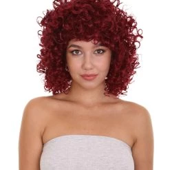 HPO Dancehall Diva Womens Wig | Burgundy Curly Character Cosplay Halloween Wig | Premium Breathable Capless Cap