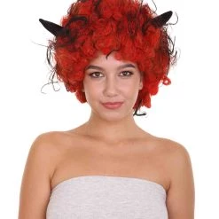HPO Womens Devil Wig With Horns | Jumbo Super Size Afro Almost Red Halloween Wig | Premium Breathable Capless Cap Women's