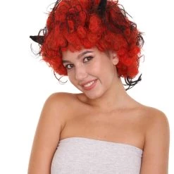 HPO Womens Devil Wig With Horns | Jumbo Super Size Afro Almost Red Halloween Wig | Premium Breathable Capless Cap Women's